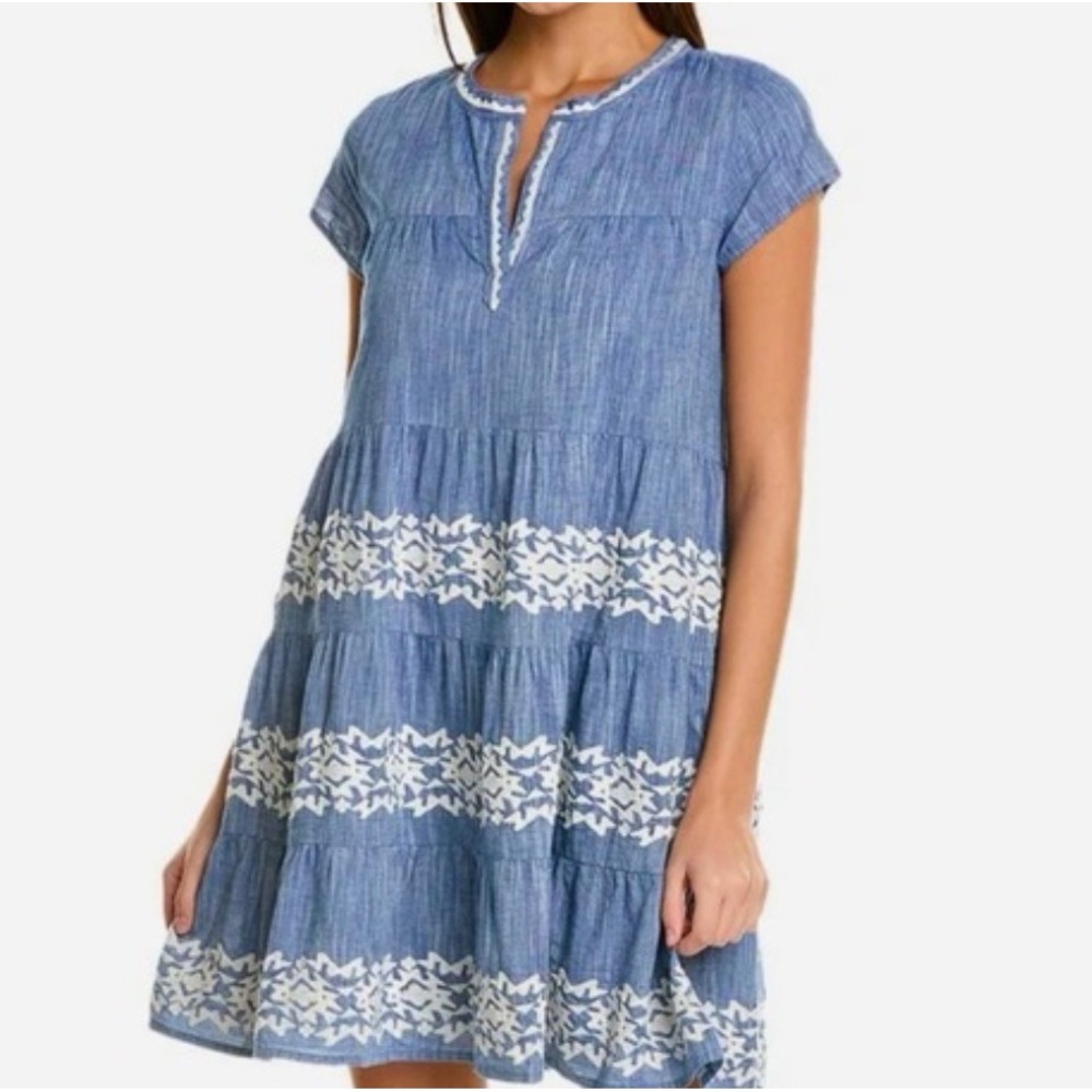 Roller Rabbit Blue Embroidered Tiered Mini Dress Cotton Split Neck Small